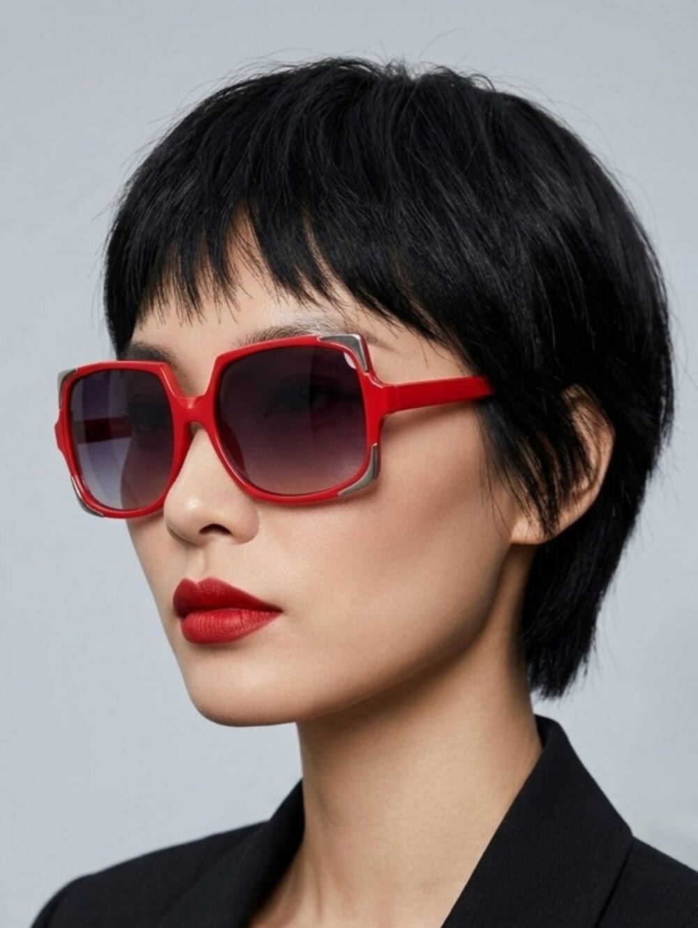 Retro Oversized Square Silver Corner Details Red Sunglasses